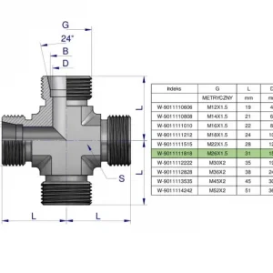 Czwórnik hydrauliczny metryczny BBBB M26x1.5 18L Waryński Wysoka jakość