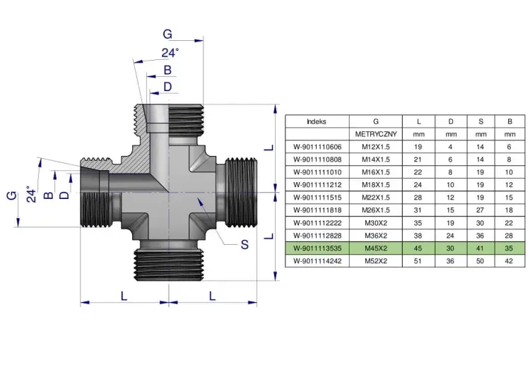Oferta czasowa Czwórnik hydrauliczny metryczny BBBB M45x2 35L Waryński