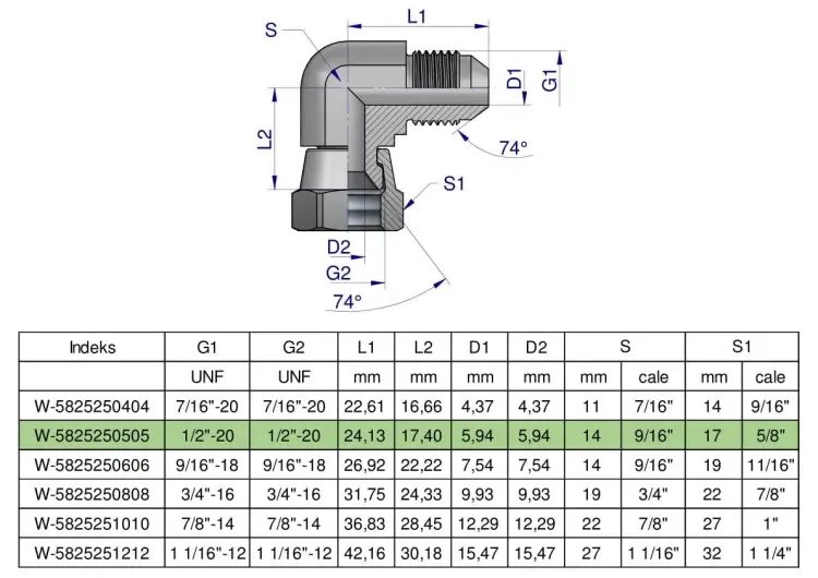 Kolanko hydrauliczne calowe AB 1/2" UNF (JIC) Waryński Bezpieczna płatność