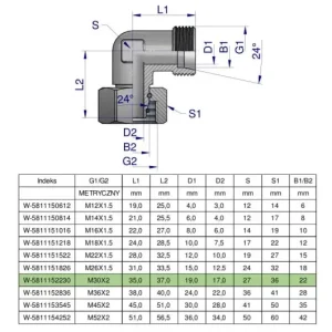 Bezpieczna płatność Kolanko hydrauliczne metryczne AB M30x2 22L (XEVW) Waryński