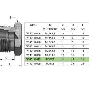 Zniżka Korek hydrauliczny metryczny (na klucz) M30x2 22L Waryński ( sprzedawane po 2 )