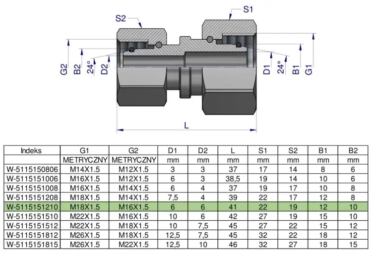 Złączka hydrauliczna metryczna AA M18x1.5 12L x M16x1.5 10L Waryński ( sprzedawane po 5 ) Premium