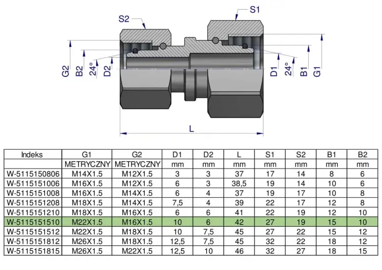 Złączka hydrauliczna metryczna AA M22x1.5 15L x M16x1.5 10L Waryński ( sprzedawane po 5 ) Hit sprzedaży