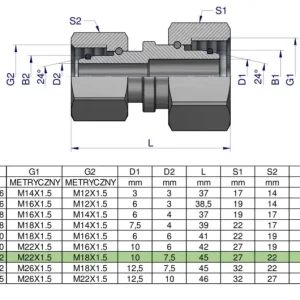 Złączka hydrauliczna metryczna AA M22x1.5 15L x M18x1.5 12L Waryński ( sprzedawane po 5 ) Darmowy zwrot