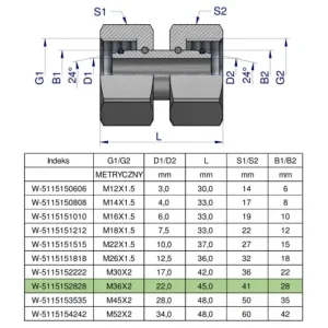 Złączka hydrauliczna metryczna AA M36x2 28L Waryński Okazja