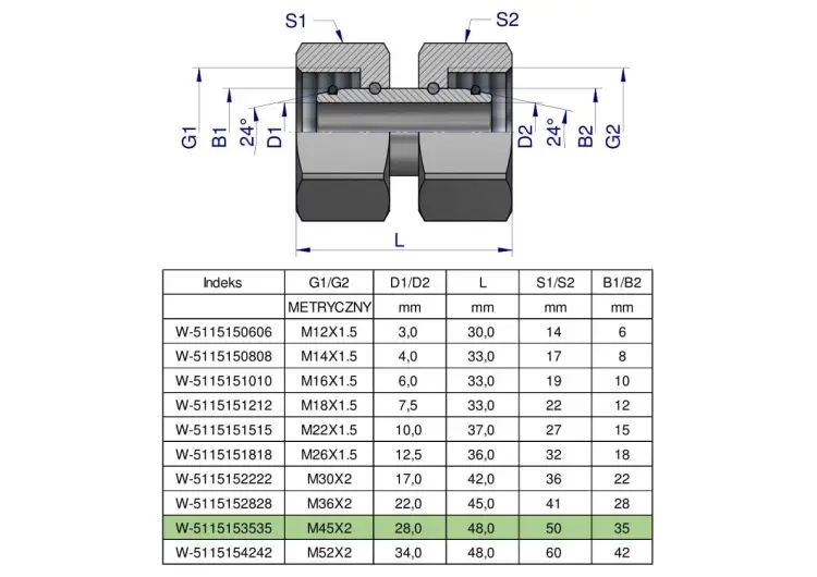 Złączka hydrauliczna metryczna AA M45x2 35L Waryński Premium