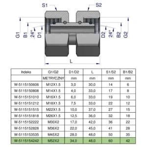 Złączka hydrauliczna metryczna AA M52x2 42L Waryński Premium