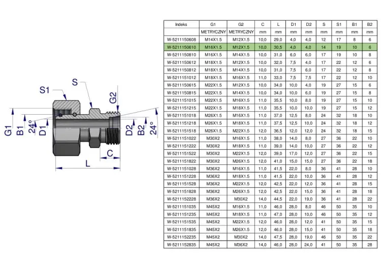 Bestseller Złączka hydrauliczna metryczna AB (XKOR) A-M16x1.5 10L / B-M12x1.5 06L Waryński ( sprzedawane po 2 )