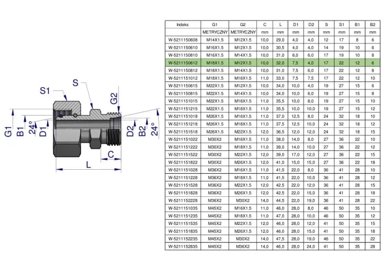 Złączka hydrauliczna metryczna AB (XKOR) A-M18x1.5 12L / B-M12x1.5 06L Waryński ( sprzedawane po 2 ) Nie przegap