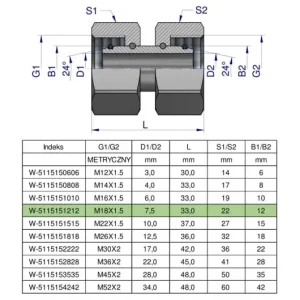 Złączka hydrauliczna metryczna AA 18/18M18x1.5 12L Waryński ( sprzedawane po 5 ) Hit cenowy