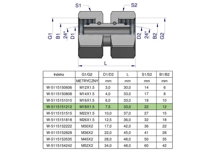 Złączka hydrauliczna metryczna AA 18/18M18x1.5 12L Waryński ( sprzedawane po 5 ) Hit cenowy