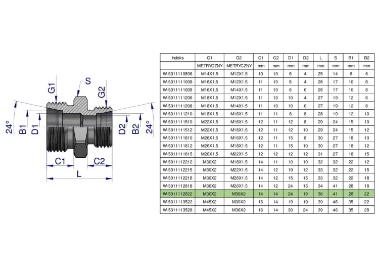 Złączka hydrauliczna redukcyjna metryczna BB M36x2 28L / M30x2 22L (XG) Waryński Darmowa dostawa