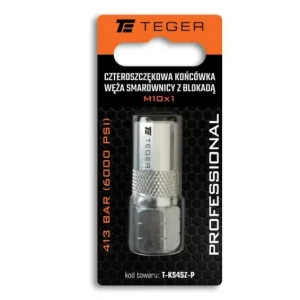 Czteroszczękowa końcówka węża smarownicy z blokadą M10x1. 413 BAR (6000 PSI) Professional TEGER Ekspresowa dostawa