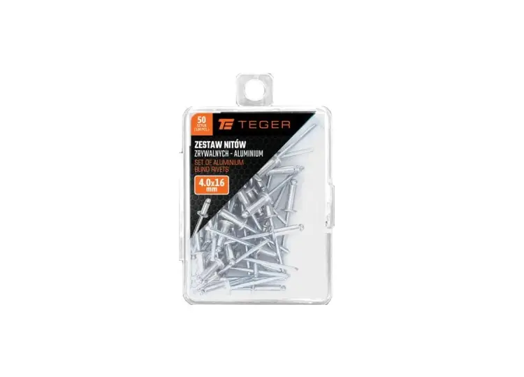 Zestaw nitów zrywalnych. aluminiowych (4.0x16mm) / 50 szt. / TEGER Wysoka jakość