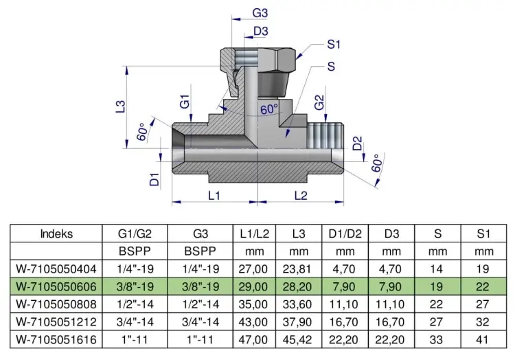 Trójnik hydrauliczny symetryczny calowy BAB 3/8" BSP (XEVT) Waryński Nowość